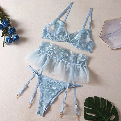 Yimunancy Lace Bra Set Women Transparent Mesh Patchwork Sexy Lingerie Set Floral Garter Brief Underwear Set - A-1 Thread Vault