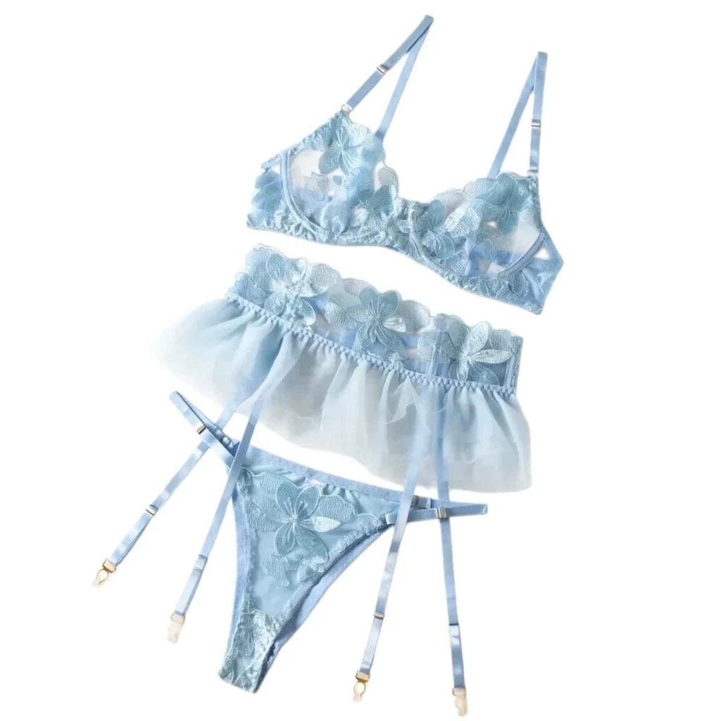 Yimunancy Lace Bra Set Women Transparent Mesh Patchwork Sexy Lingerie Set Floral Garter Brief Underwear Set - A-1 Thread Vault