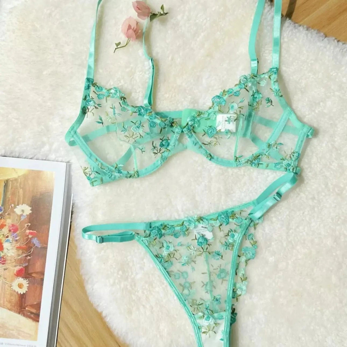 YUQI French Style Luxury Lingerie-Floral Embroidery Black Sheer Bra Set, Sensual Women's Intimates Elegant Transparent Underwear - A-1 Thread Vault