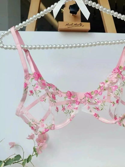 YUQI French Style Luxury Lingerie-Floral Embroidery Black Sheer Bra Set, Sensual Women's Intimates Elegant Transparent Underwear - A-1 Thread Vault