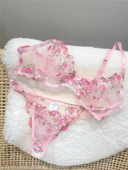 YUQI French Style Luxury Lingerie-Floral Embroidery Black Sheer Bra Set, Sensual Women's Intimates Elegant Transparent Underwear - A-1 Thread Vault