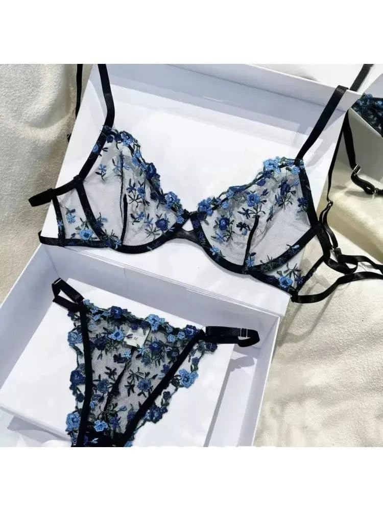 YUQI French Style Luxury Lingerie-Floral Embroidery Black Sheer Bra Set, Sensual Women's Intimates Elegant Transparent Underwear - A-1 Thread Vault
