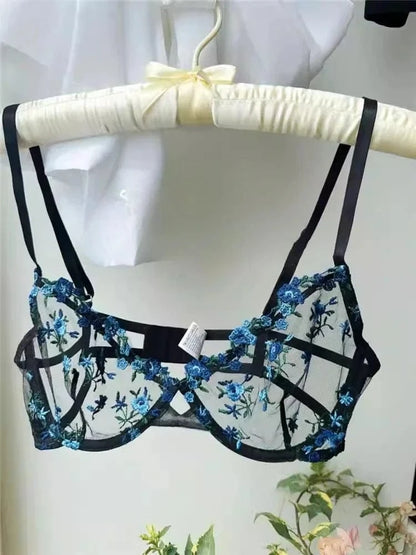 YUQI French Style Luxury Lingerie-Floral Embroidery Black Sheer Bra Set, Sensual Women's Intimates Elegant Transparent Underwear - A-1 Thread Vault