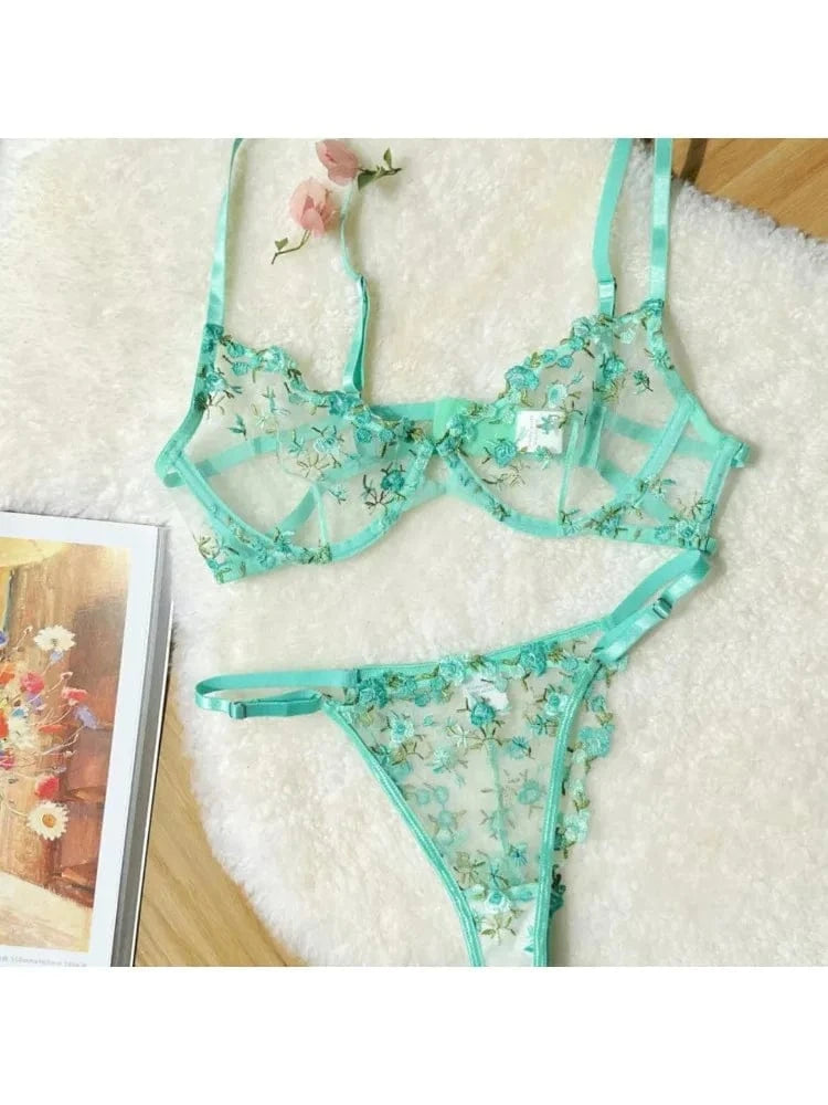 YUQI French Style Luxury Lingerie-Floral Embroidery Black Sheer Bra Set, Sensual Women's Intimates Elegant Transparent Underwear - A-1 Thread Vault