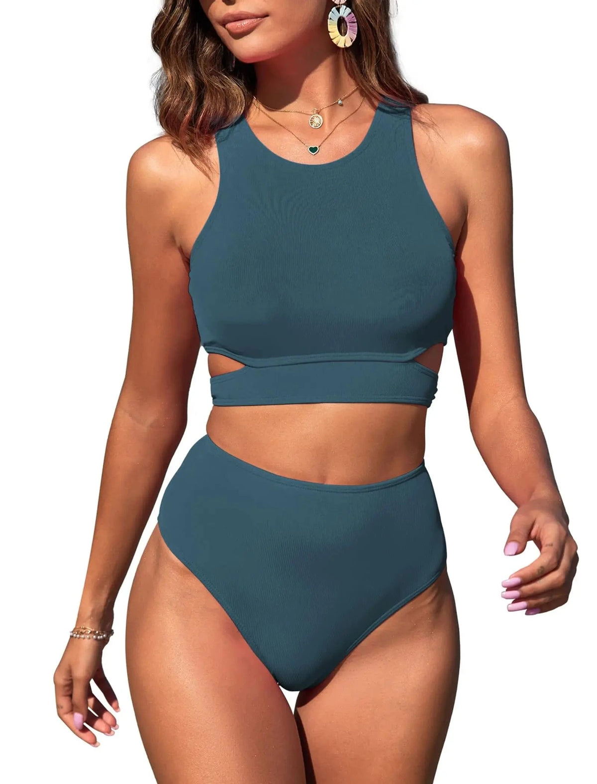 ZAFUL Women's Swimsuit High Waisted Bikini Sets Two Piece Swimsuit Scoop Neck Tank Side Cutout Midkini - A-1 Thread Vault
