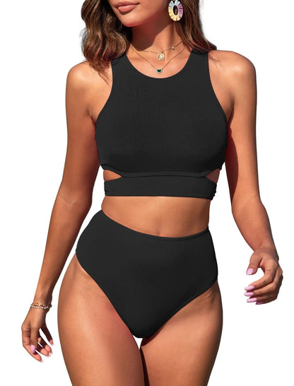 ZAFUL Women's Swimsuit High Waisted Bikini Sets Two Piece Swimsuit Scoop Neck Tank Side Cutout Midkini - A-1 Thread Vault