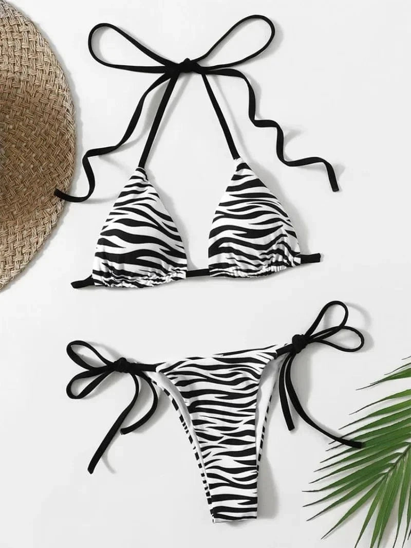 zebra striped micro bikini women halter push up bra triangle swimsuit Brazilian summer bathing suit swimwear 2024 swimming suit - A-1 Thread Vault