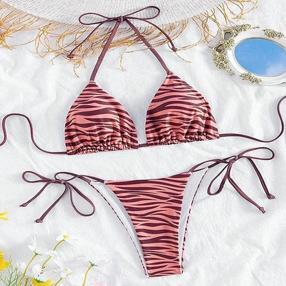 zebra striped micro bikini women halter push up bra triangle swimsuit Brazilian summer bathing suit swimwear 2024 swimming suit - A-1 Thread Vault