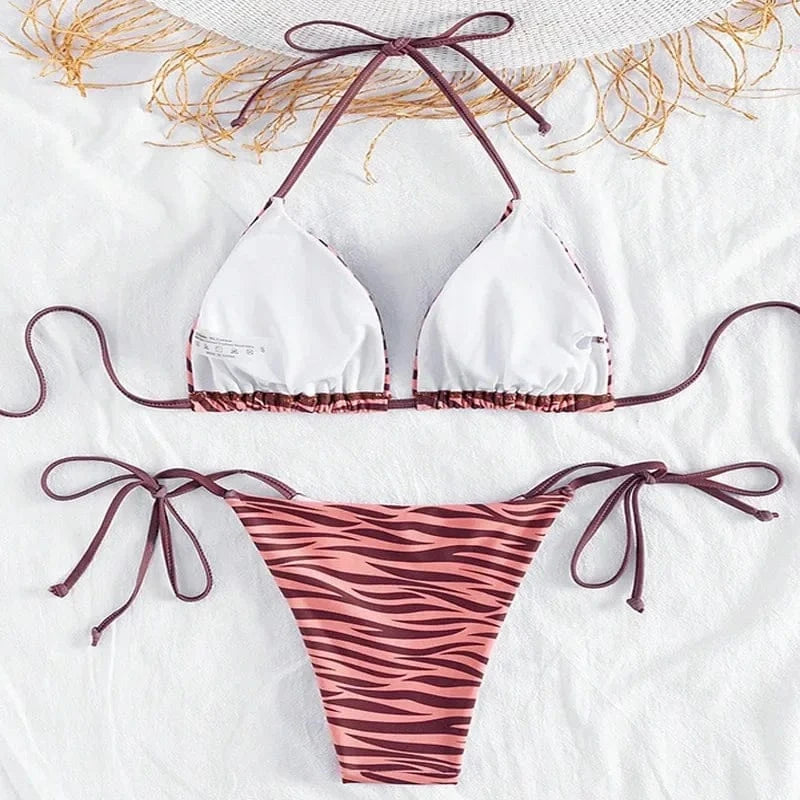 zebra striped micro bikini women halter push up bra triangle swimsuit Brazilian summer bathing suit swimwear 2024 swimming suit - A-1 Thread Vault