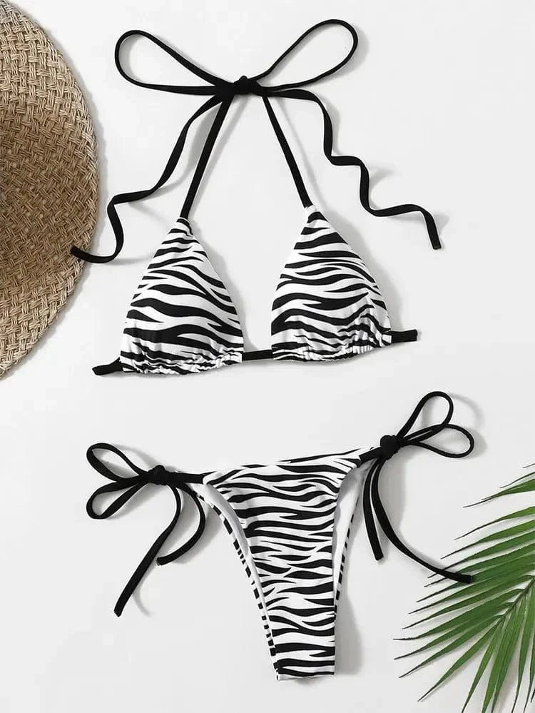 zebra striped micro bikini women halter push up bra triangle swimsuit Brazilian summer bathing suit swimwear 2024 swimming suit - A-1 Thread Vault
