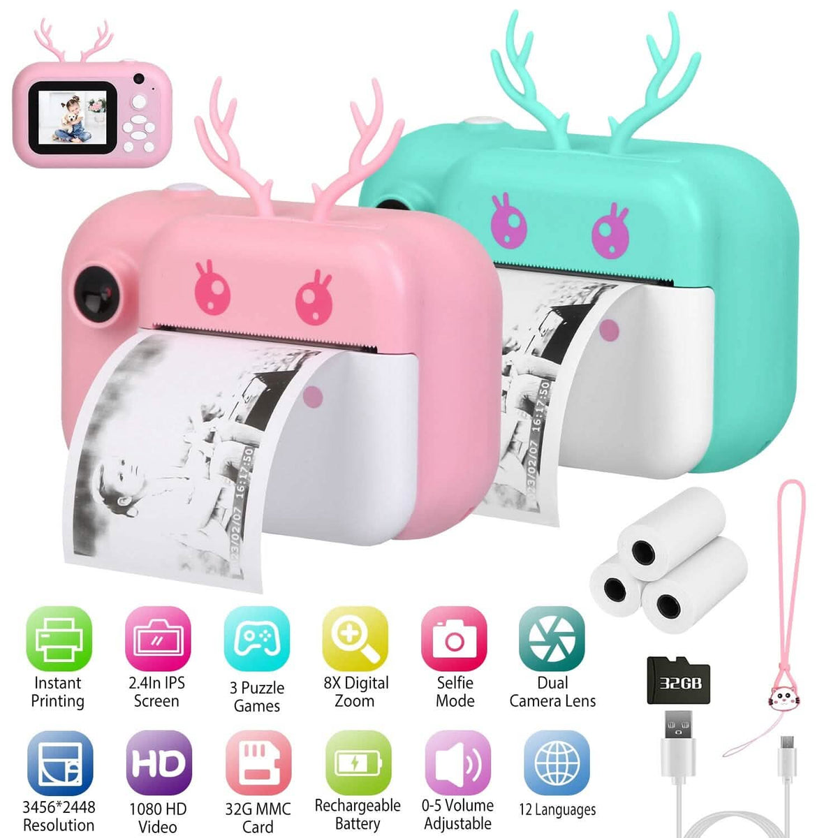 Zero Ink Selfie Camera 1080P HD Video Recorder with Dual Lens 3 Roll Print Papers - A-1 Thread Vault