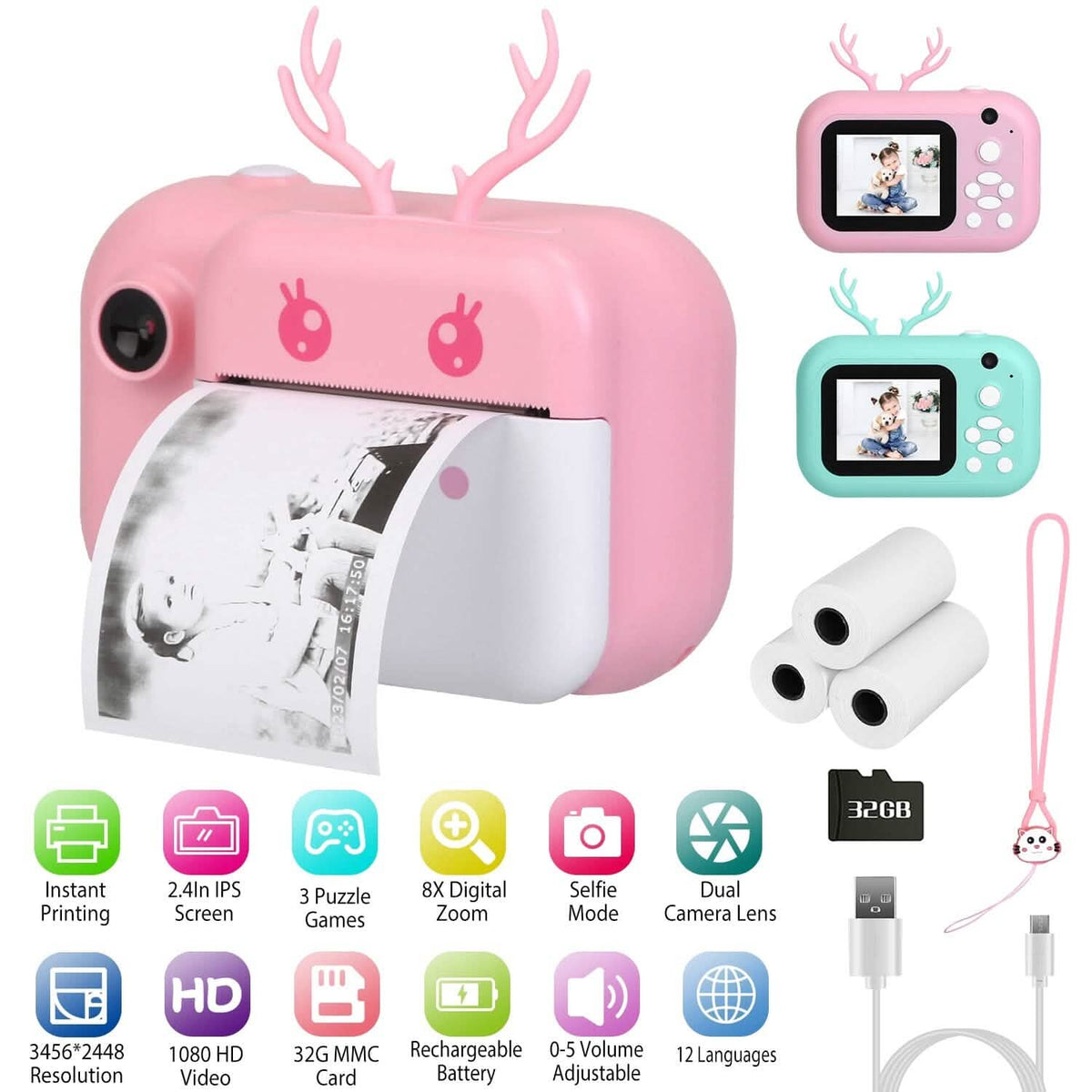 Zero Ink Selfie Camera 1080P HD Video Recorder with Dual Lens 3 Roll Print Papers - A-1 Thread Vault